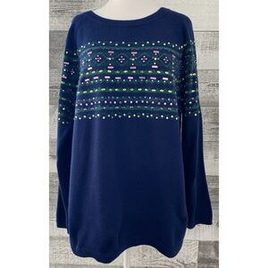 Talbots Sweater Women's Size 3X Navy Blue Lambswool Blend Embellished Jewel Ski